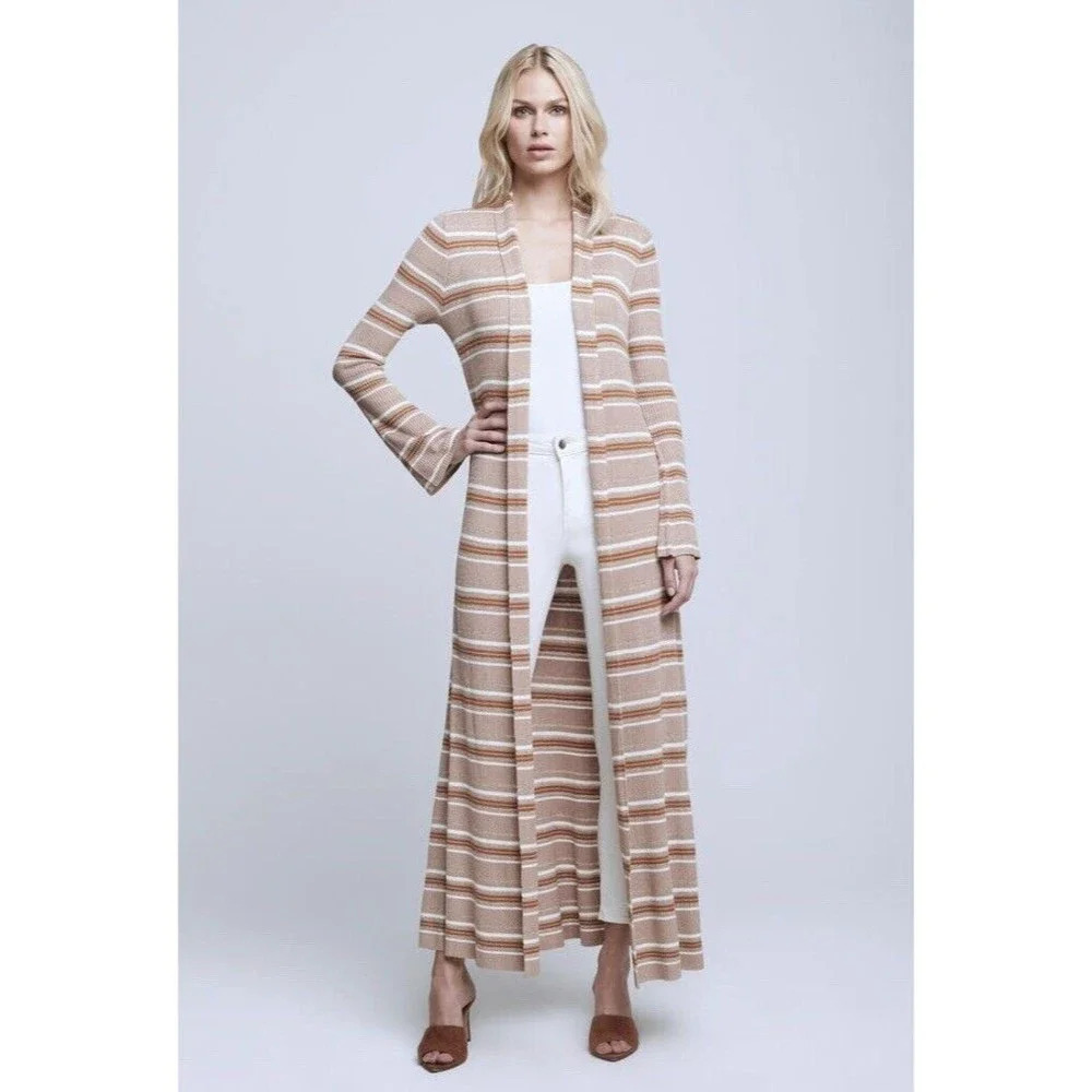 L'AGENCE Beige and Cream Striped Long Cardigan